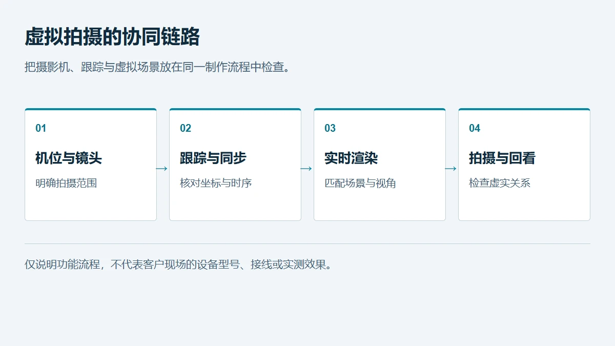 虚拟拍摄的协同链路:机位与镜头 → 跟踪与同步 → 实时渲染 → 拍摄与回看